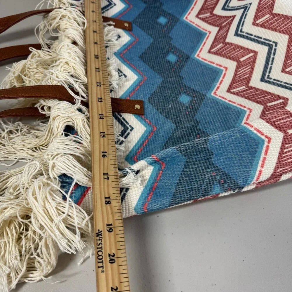 Boho Aztec Fringe Tote Bag Tribal Canvas Beach Shopper Southwest Style Summer - Picture 7 of 14